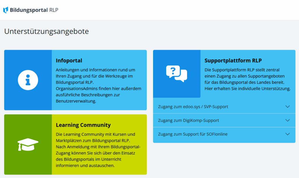 Screenshot der Unterstützungsangebote