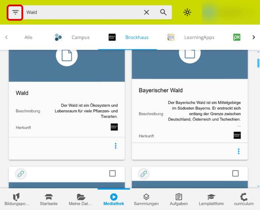 Bild einer Suchergebnisoberfläche mit Hervorhebung des Filter-Icons oben links.