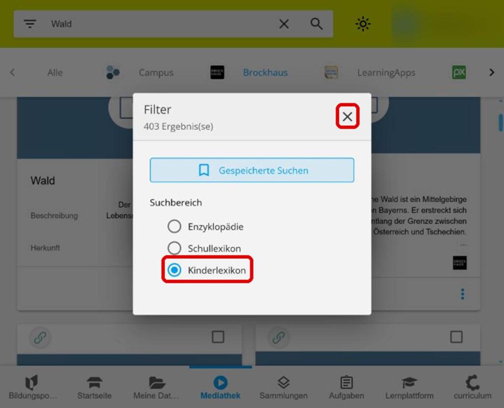 Bild des Filter-Popups mit ausgewählter Option „Kinderlexikon“ im Suchbereich.