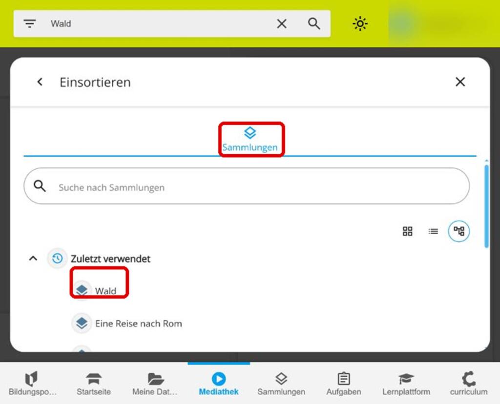 Bild des Dialogs „Einsortieren“ mit Auswahltab „Sammlungen“ und der Sammlung „Wald“.