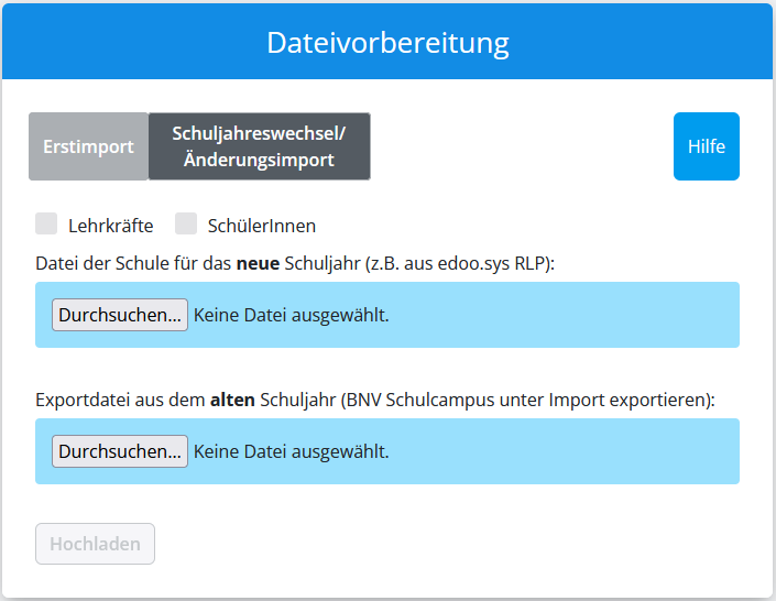Screenshot Dateivorbereitungstool mit Menü Schuljahreswechsel bzw. Änderungsimport