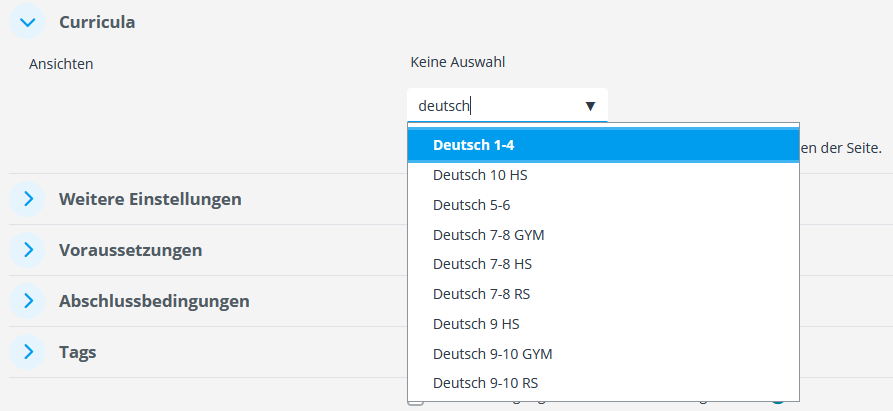 Bild Auswahlmenü mit Suchfeld, in dem „deutsch“ eingetragen wurde, wodurch verschiedene Curricula wie „Deutsch 1-4“ und „Deutsch 5-5“ zur Auswahl stehen