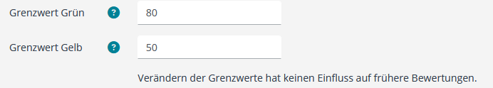 Bild Eingabefelder für Bewertungsgrenzwerte mit den Werten 80 für „Grenzwert Grün“ und 50 für „Grenzwert Gelb“.