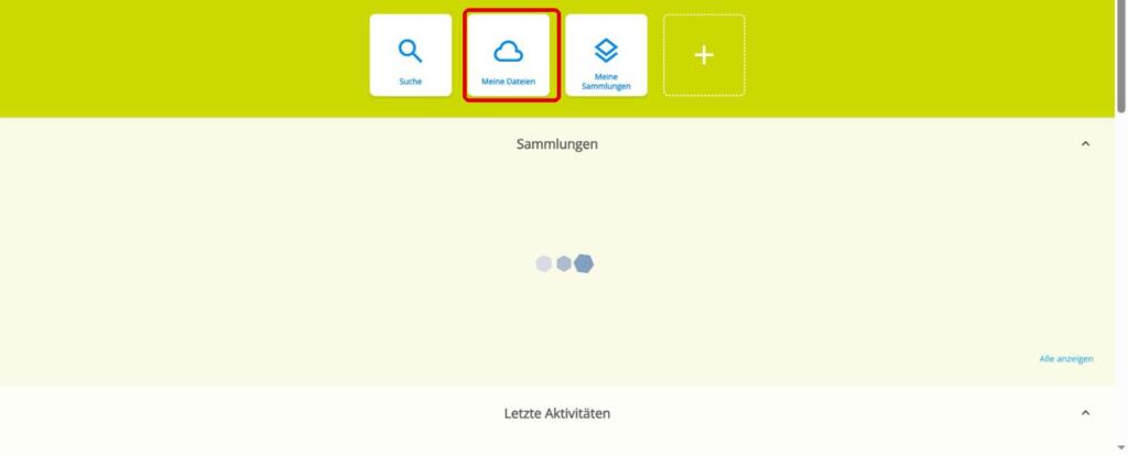 Bild einer Benutzeroberfläche mit einem gelben Banner oben. Das Icon für „Meine Dateien“ (ein Wolken-Symbol) ist rot umrandet. Darunter ist die Liste der Sammlungen leer, was durch ein Lade-Symbol signalisiert wird.